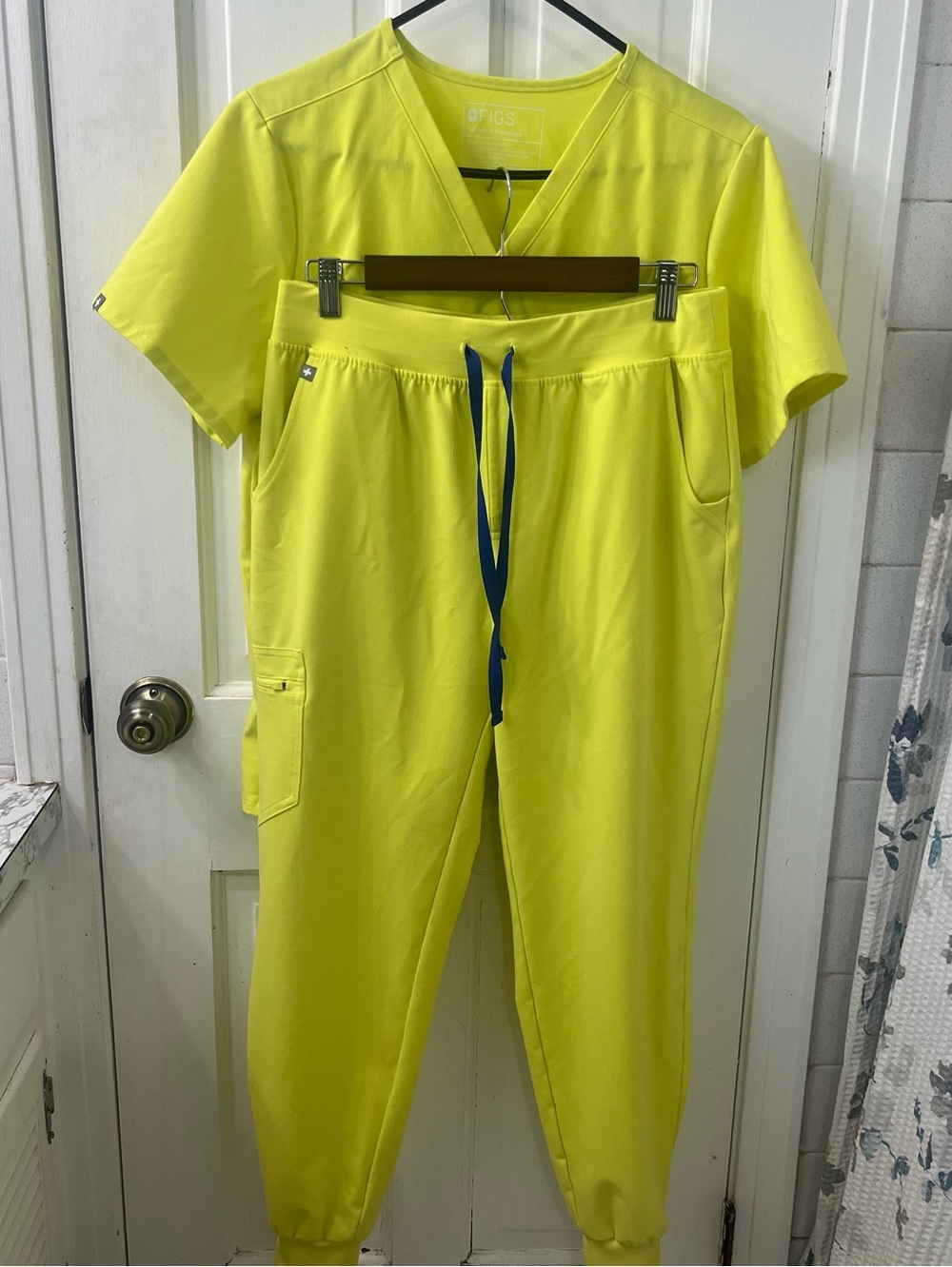 FIGS Neon Yellow Catarina One Pocket Top with Matching Joggers
